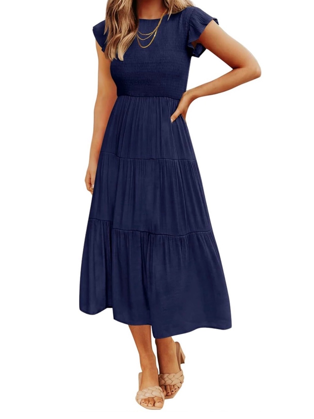 Smocked Bodice Navy Tiered Midi Dress